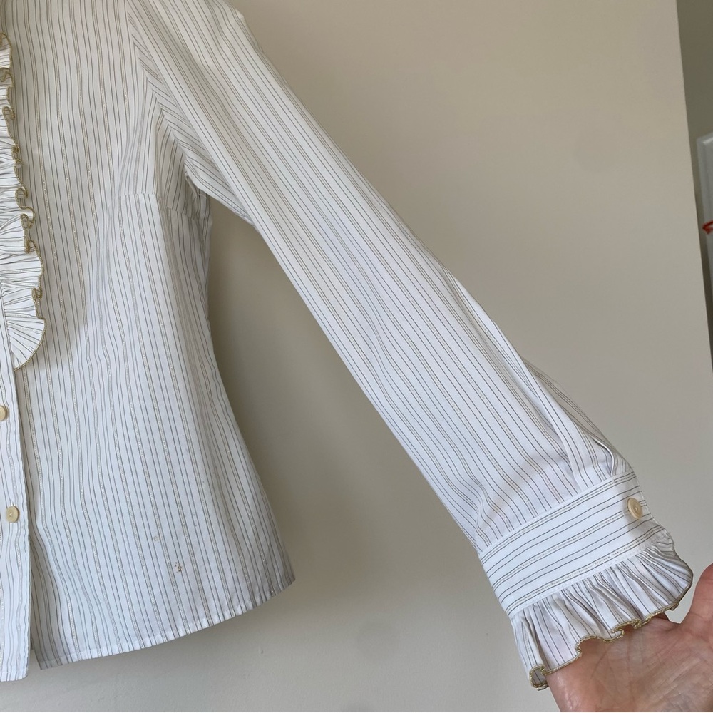 Lela Rose Ruffle Neck Stripe Long Sleeve Blouse Gold Metallic Size 8 - Picture 5 of 10